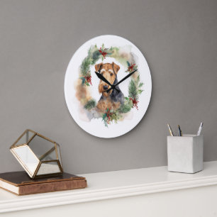 Airedale-Weihnachtskranz Festiver Hund Große Wanduhr