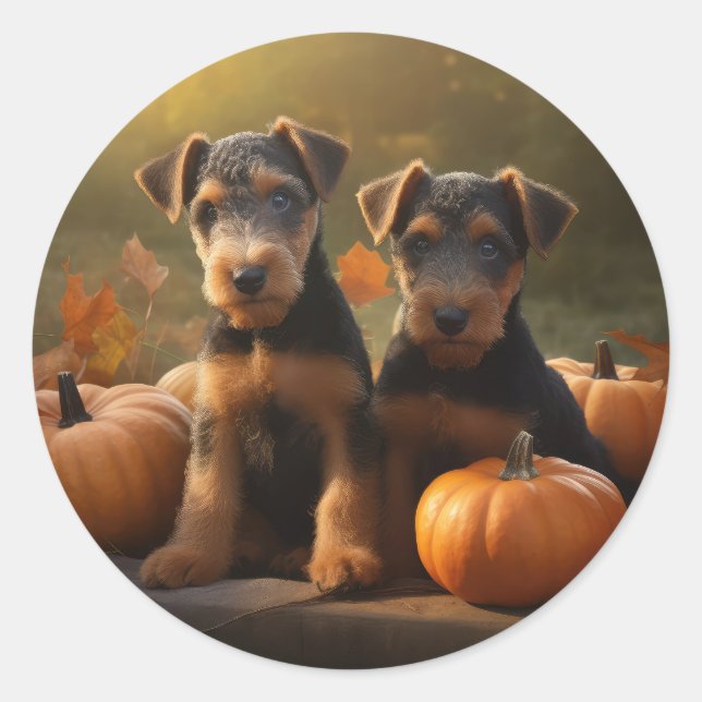 Airedale Welpe Herbst Kürbis Runder Aufkleber (Vorderseite)