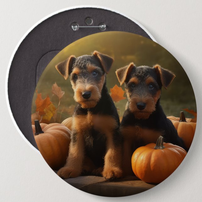 Airedale-Welpe Herbstfreude Kürbis Button (Vorne & Hinten)