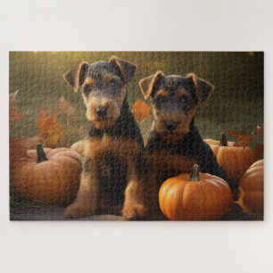 Airedale Welpe Herbstvergnügen Kürbis