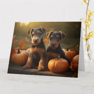 Airedale-Welpe Herbstzauber Kürbis Karte