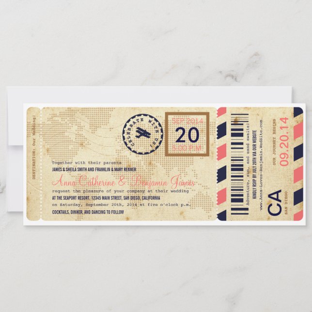 Airline Boarding Pass Ticket Wedding Invitation Einladung (Vorderseite)