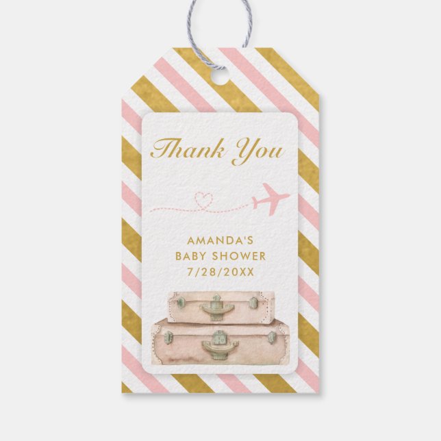 Airline Travel Baby Dusche Pink Gold Chic Koffer Geschenkanhänger (Rückseite)