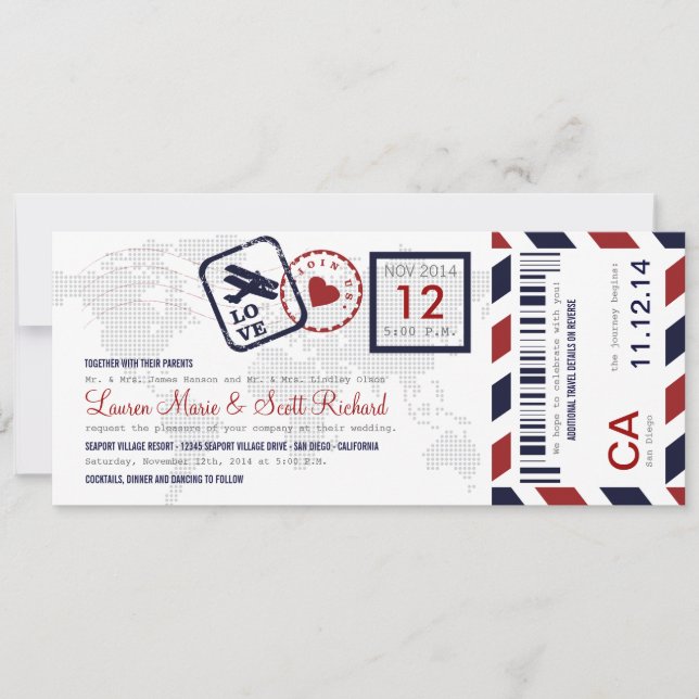 Airmail Boarding Pass Ticket Wedding Invitation Einladung (Vorderseite)