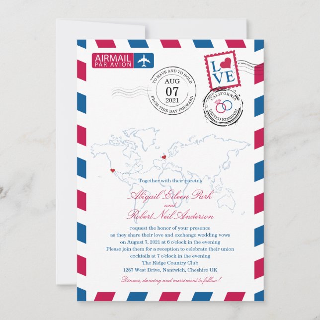 Airmail Heart UK und California USA Wedding Einladung (Vorderseite)