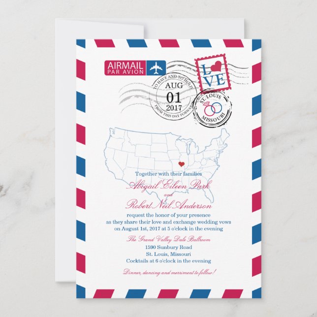 Airmail Missouri Wedding Einladung (Vorderseite)