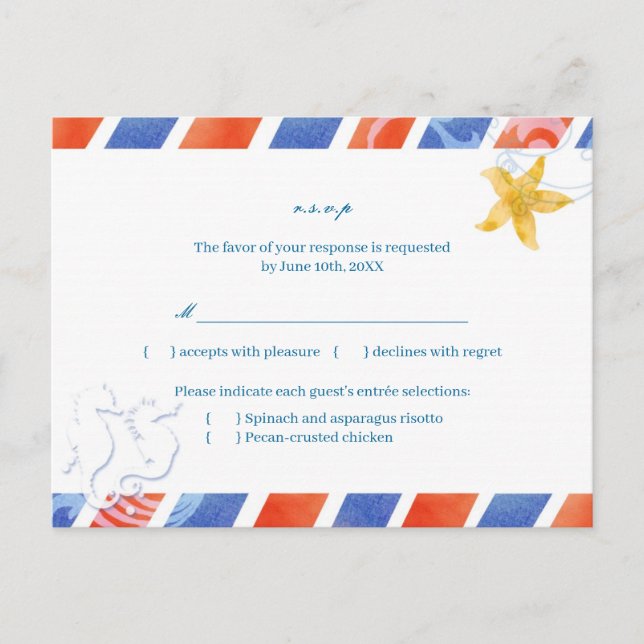 Airmail Seepferd Beach Wedding Menü UAWG Einladungspostkarte (Vorderseite)