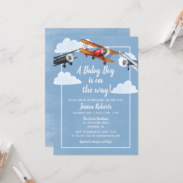 Airplane Adventure Baby Boy Shower Einladung (Vorderseite/Rückseite Beispiel)