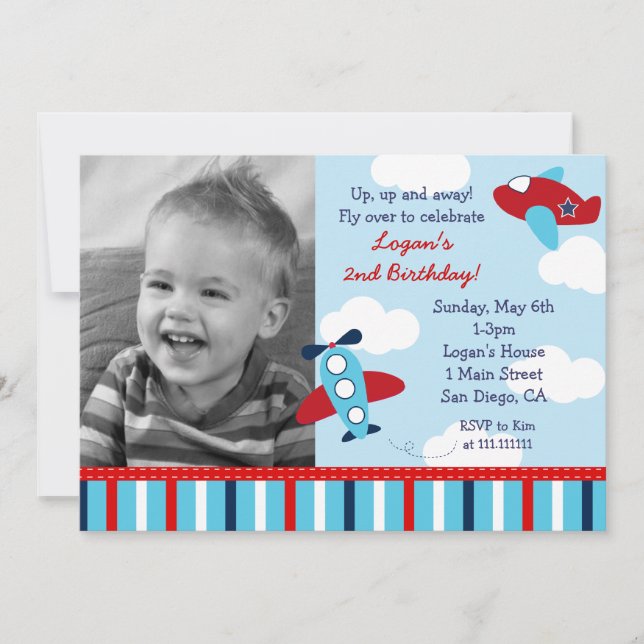 Airplane Aviator Boy Photo Birthday Invitations Einladung (Vorderseite)