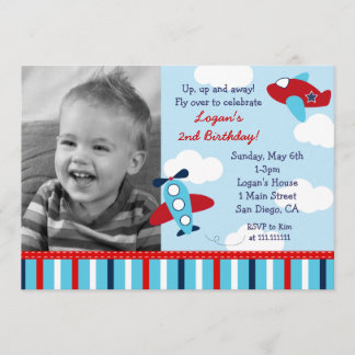 Airplane Aviator Boy Photo Birthday Invitations Einladung