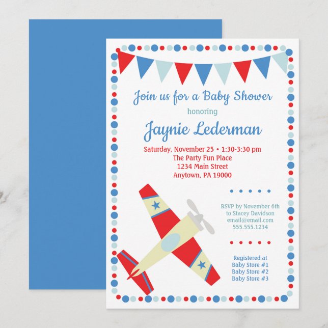 Airplane Baby Shower Einladung Boy Baby (Vorne/Hinten)