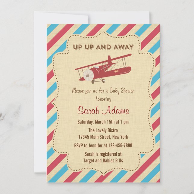 Airplane Baby Shower Einladung Rot und Blau (Vorderseite)