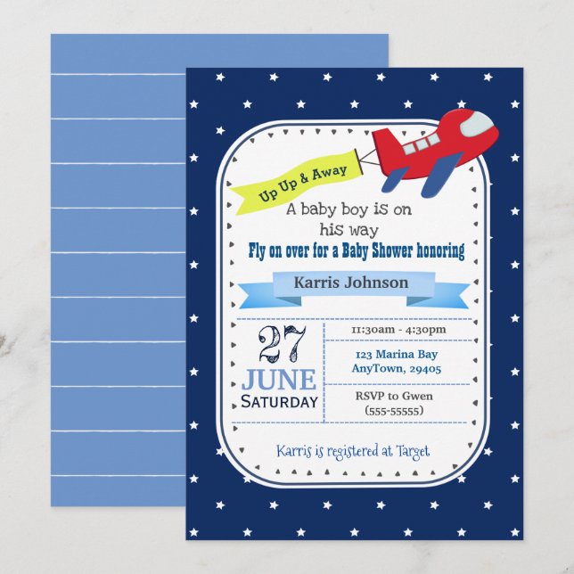 Airplane Babydusche Einladung Red and Navy Blue (Vorne/Hinten)