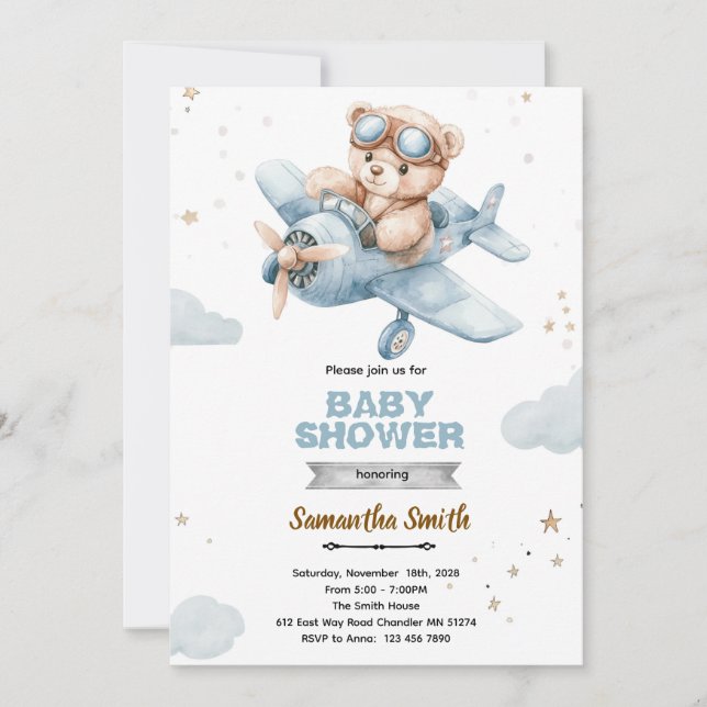 Airplane Bear Baby Shower Invitation Einladung (Vorderseite)