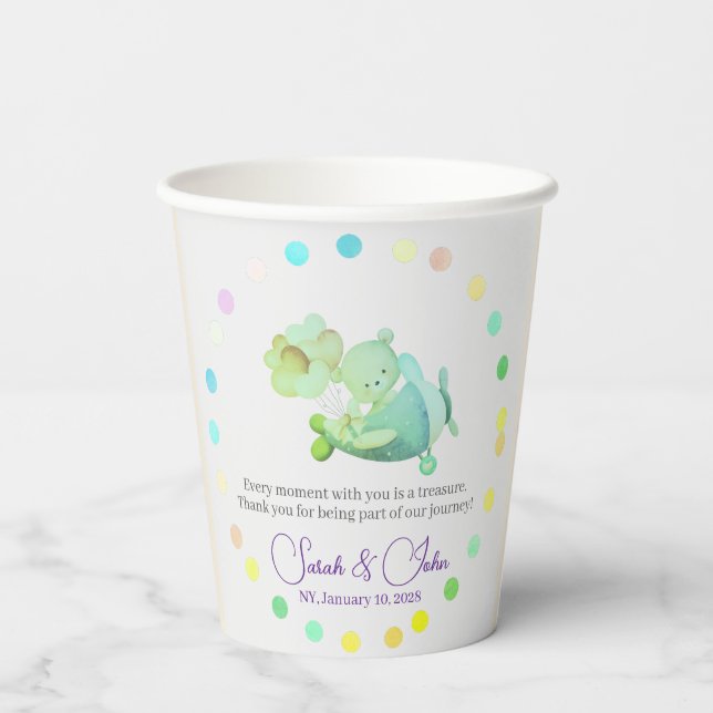AIRPLANE BEAR pastel clouds rainbow editable Pappbecher (Rückseite)