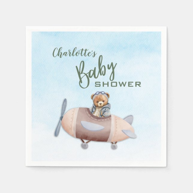 Airplane Bear Pilot Baby Dusche Papier Napkin Serviette (Vorderseite)