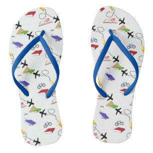 Airplane Bicycle Book Red Yellow Blue White Travel Flip Flops