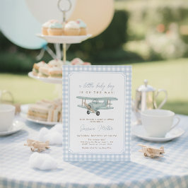 Airplane Blue Gingham Baby Shower Invitation Einladung