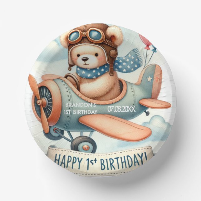Airplane Boy Bear 1. Geburtstag Party Pappteller (Vorderseite)