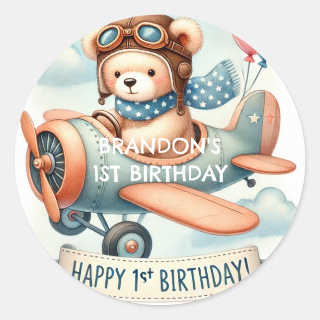 Airplane Boy Bear 1. Geburtstag Party Runder Aufkleber (Vorderseite)