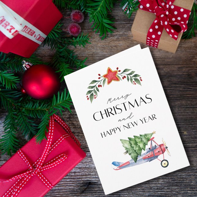 Airplane carries Christmas Tree Family Photo Funny Karte (Von Creator hochgeladen)