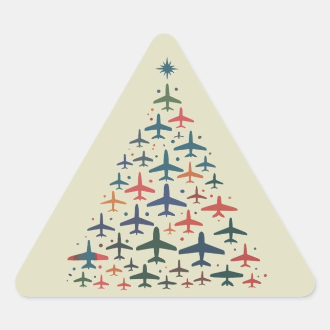 Airplane Christmas Tree Retro Pilot Flying Flight  Dreieckiger Aufkleber (Vorderseite)
