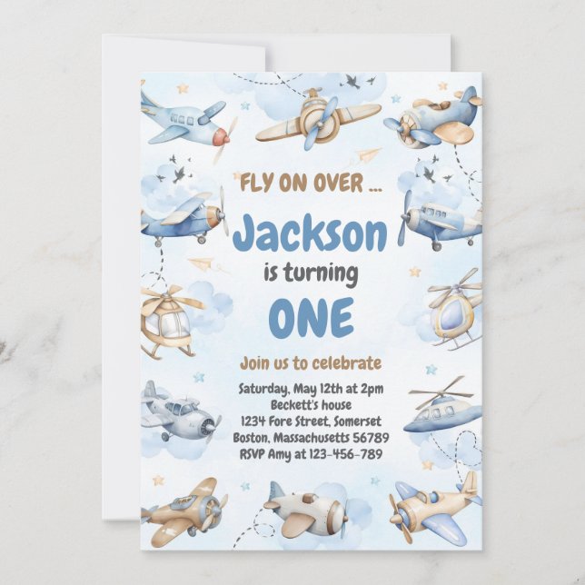 Airplane Fly On Over Boy Birthday Invitation Einladung (Vorderseite)