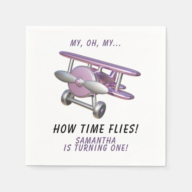 Airplane Oh My Time Flies Travel First Birthday  Serviette (Vorderseite)