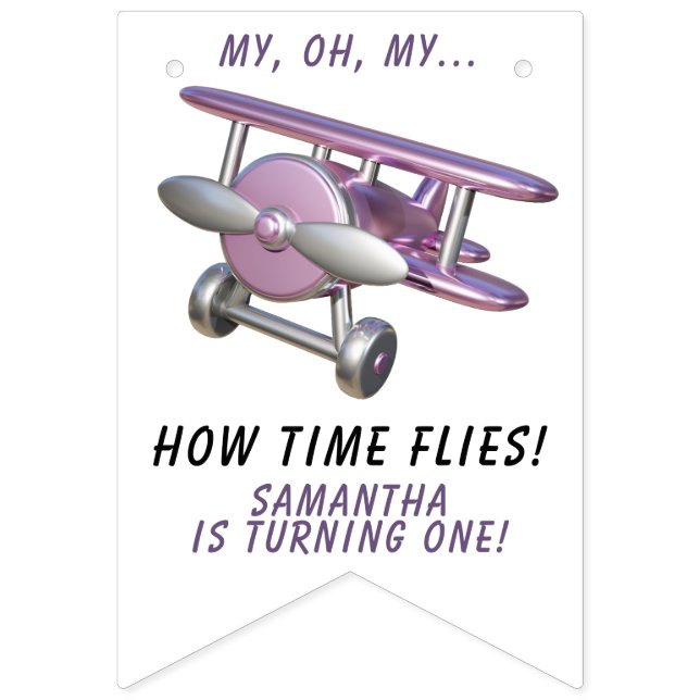 Airplane Oh My Time Flies Travel First Birthday  Wimpelkette (Erste Fahne)