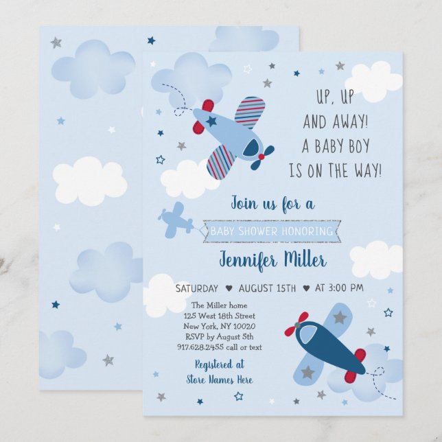 Airplane Stars Clouds Boy Baby Shower Einladung (Vorne/Hinten)