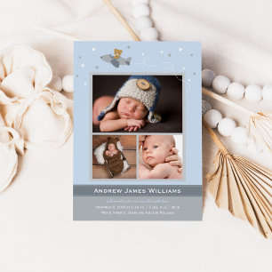Airplane Teddy Baby Boy Blue und Grau Foto Birth Ankündigung