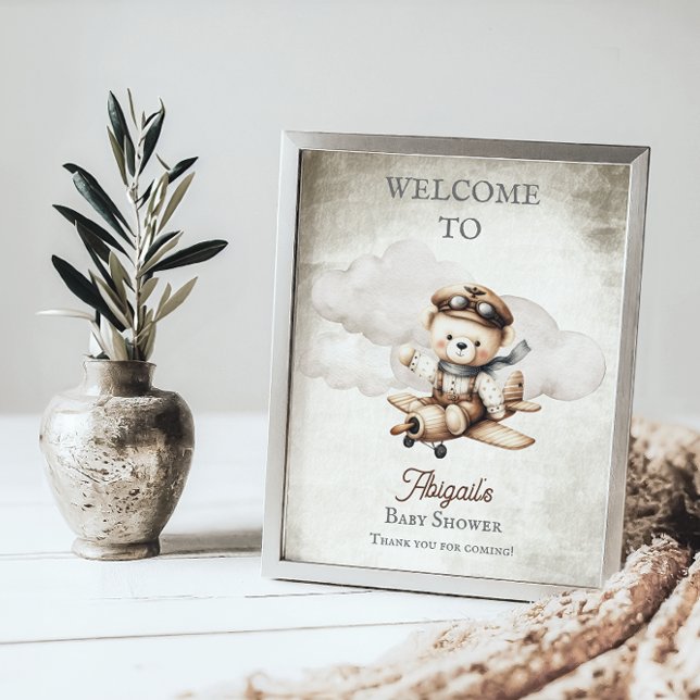 Airplane Teddy Bear Baby Dusche Begrüßungszeichen Poster (Cute "Special Delivery Via Airmail . . . It's A Boy!" Teddy Bear | Airplane Baby Shower Welcome Sign)