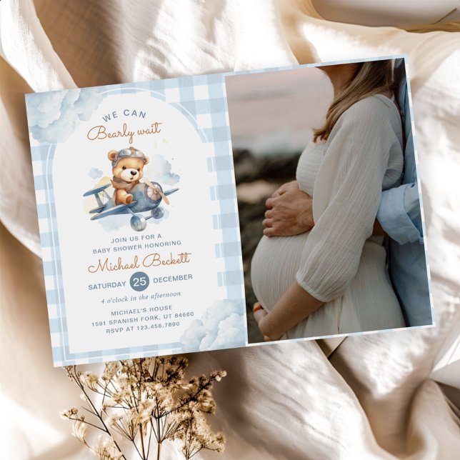 Airplane Teddy Bear Blue Boy Baby Shooter Foto Einladung (Von Creator hochgeladen)