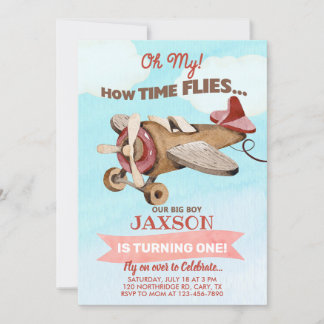 Airplane time flies boy 1st first birthday invite. einladung