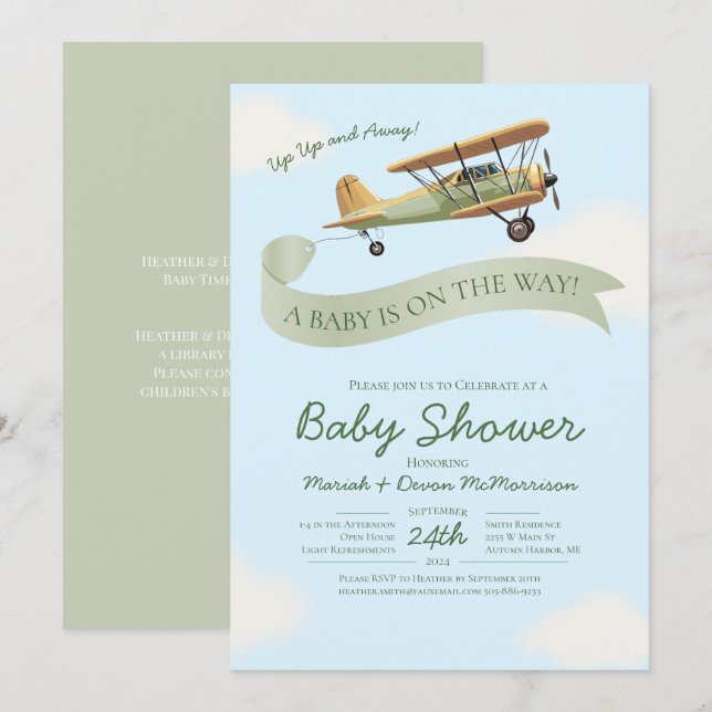 Airplane Vintage Baby Shower Invitation Einladung (Vorne/Hinten)