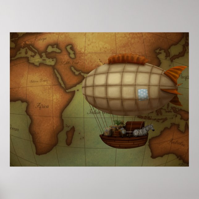 Airship on Expedition Over Eastern Hemisphere Map Poster (Vorne)