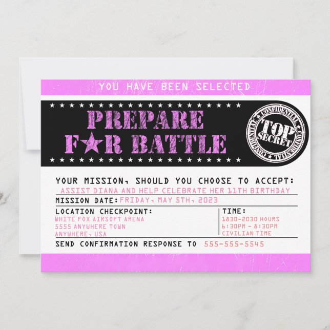 Airsoft 'Prepare for Battle' 5x7 Military Pink Einladung (Vorderseite)