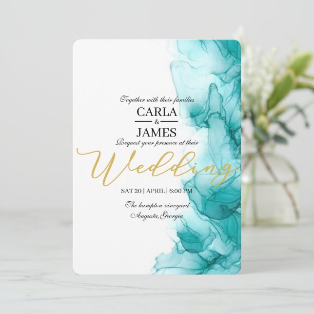 Airy Blue Turquoise Watercolor Wedding Modern Einladung (Stehend Vorderseite)