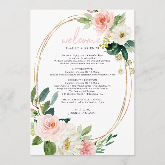 Airy Blush Floral Wedding Willkommensreise Programm (Vorderseite)