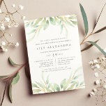 Airy Botanical Bat Mitzvah Einladung<br><div class="desc">Elegante Aquarelleneinladung für die Fledermaus-Mitzvah Ihrer Tochter umrahmt Ihre religiöse Zeremonie und die Details des Party mit einem Rahmen von schillerndem pastellgrünem Blattwerk.</div>