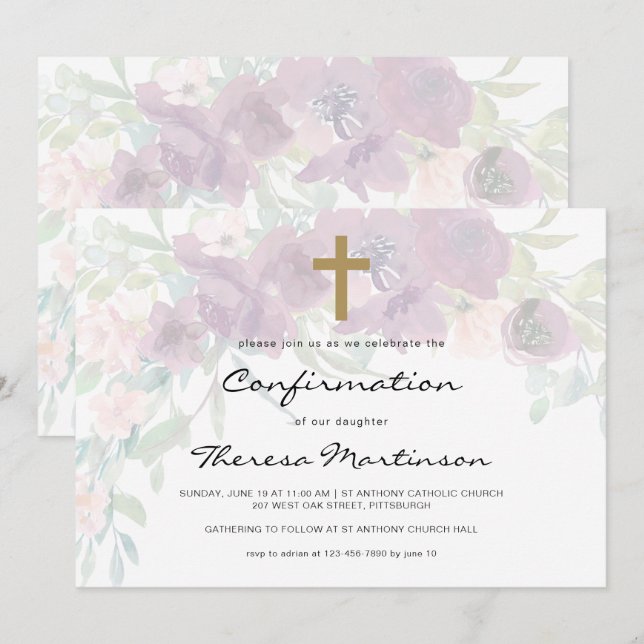 Airy Floral mit Kreuzbestätigung Einladung (Vorne/Hinten)