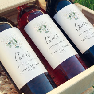 Airy Greenerity und Gold Cheers Wedding Wine Label Weinetikett