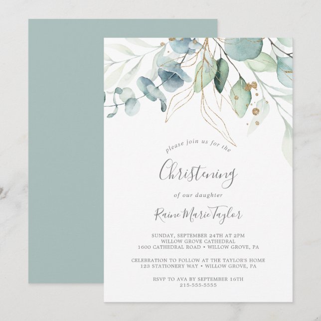 Airy Greenerity und Gold Leaf Christening Einladung (Vorne/Hinten)