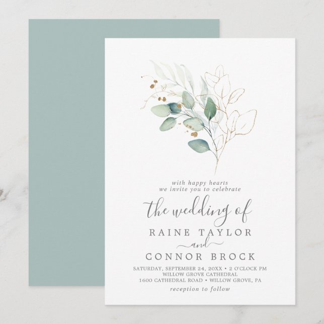 Airy Greenerity und Gold Leaf die Hochzeit von Einladung (Vorne/Hinten)