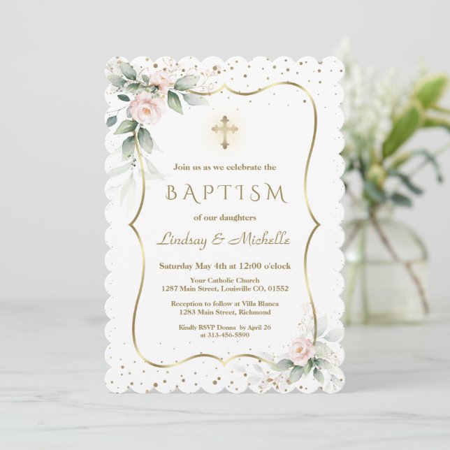 Airy Greenery Blume Gold Cross Twins Taufe Einladung (Stehend Vorderseite)