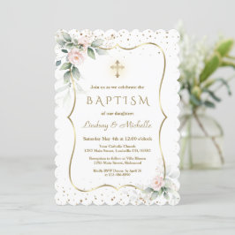 Airy Greenery Blume Gold Cross Twins Taufe Einladung