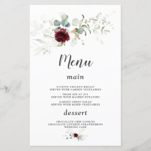 Airy Greenery Burgundy Floral Gold Mariage Menu