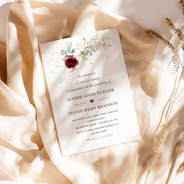 Airy Greenery Burgundy Floral Gold Wedding Einladung (Von Creator hochgeladen)