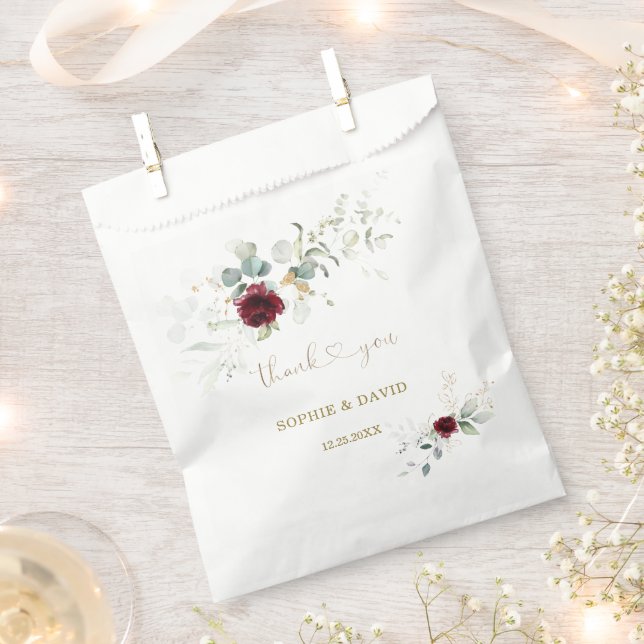 Airy Greenery Burgundy Floral Gold Wedding Geschenktütchen (Ausgeschnitten)