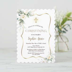 Airy Greenery Gold Frame White Floral Christening Einladung